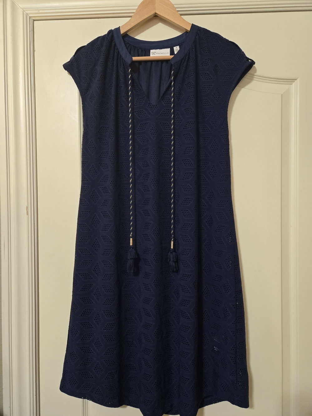 Rafaella Navy Eyelet Tie-Front Midi Dress with Tassels